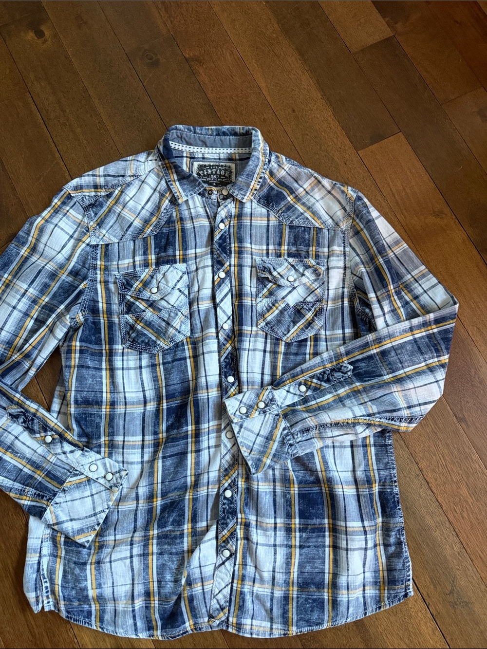 BKE Vintage 1967 Men's Blue & White Plaid Snap Shirt with Yellow Accents